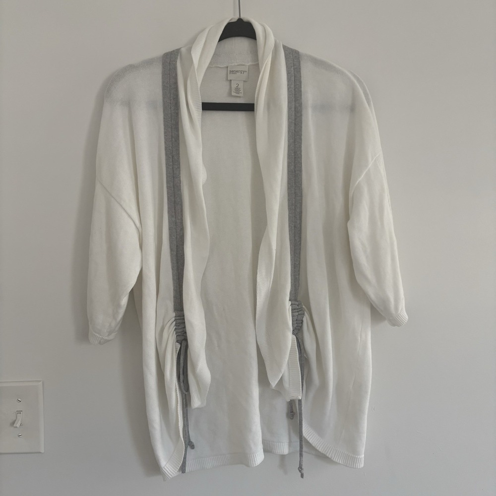 Chico's Ruched Front Cardigan white Lightweight Cotton Blend Open Front Sz2